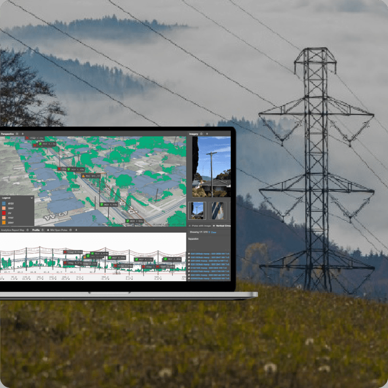 The Neara platform showing a 3D model of powerline spans over forested terrain, with clearance analytics alongside field imagery of a transmission tower.